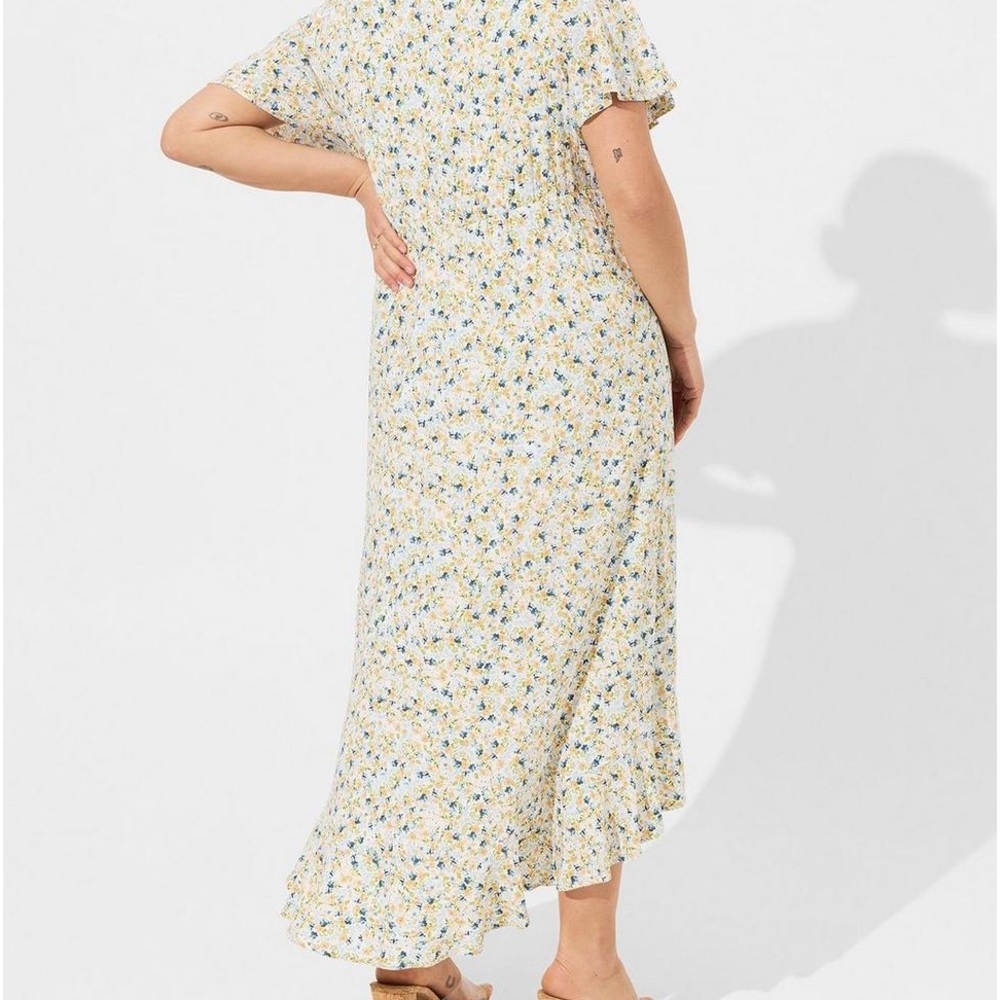 torrid Cream Floral Wrap Midi Dress with Blue & Yellow Print - Picture 3 of 4